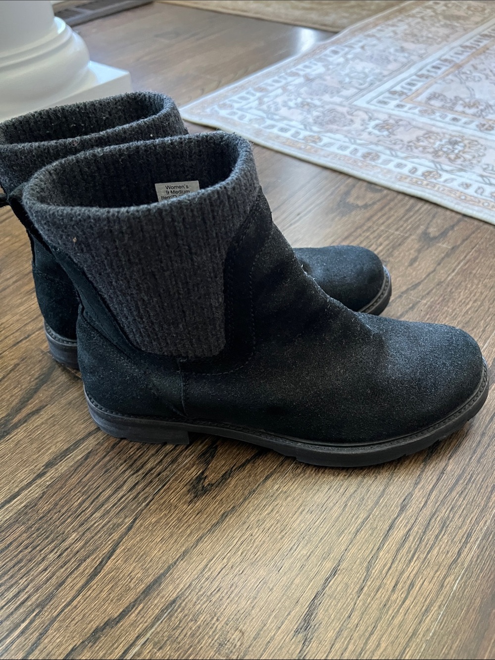 L.L. Bean Women’s Black Suede Ankle Boots with Knit Cuff, size 9